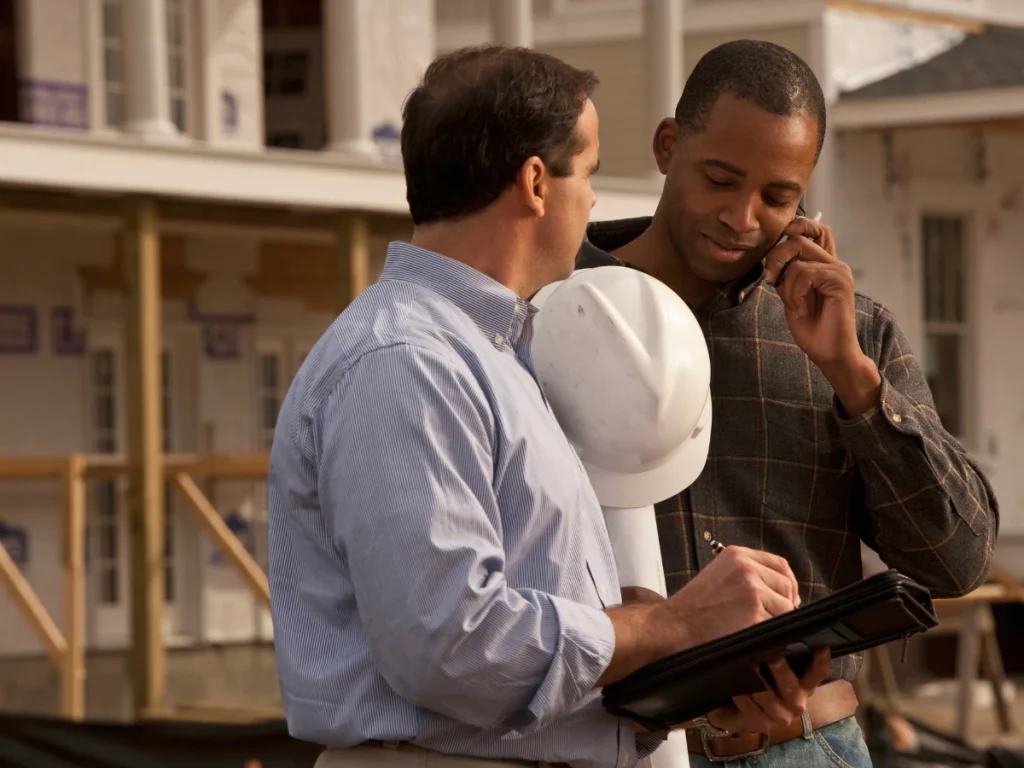 a commercial roofing contractor talking on the phone while another man looks at a tablet