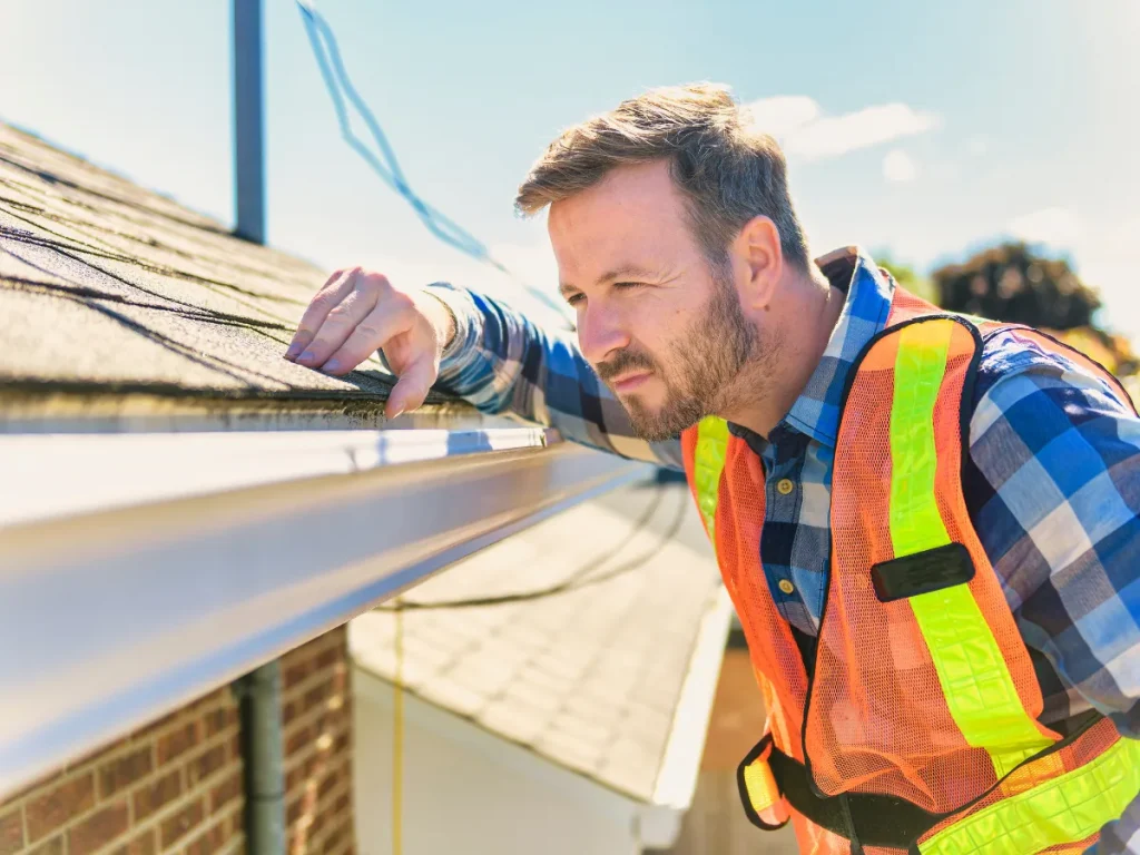 a man in a safety vest doing roofing replacement in larksville