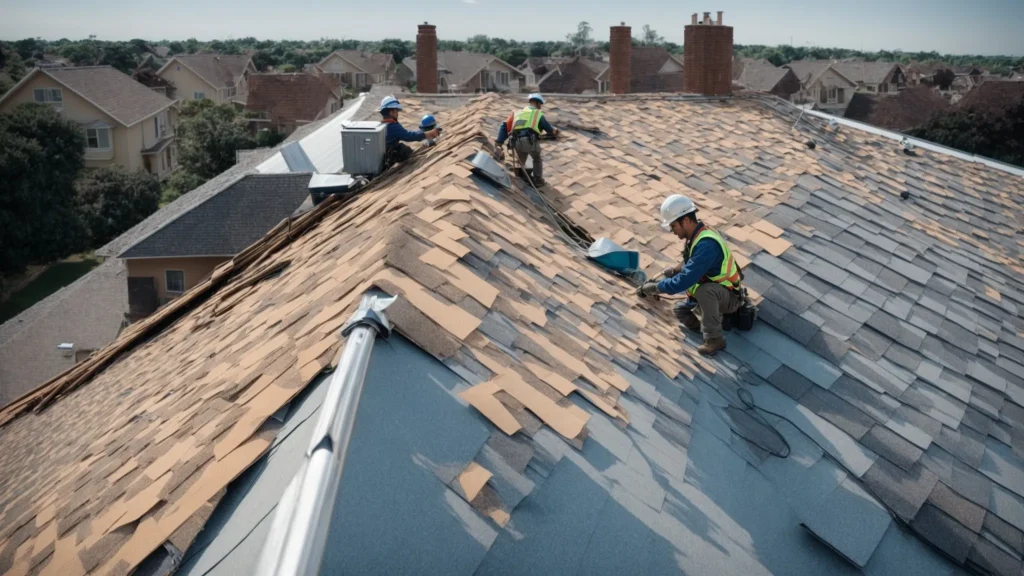 a group of men working for a roofing company on a roof